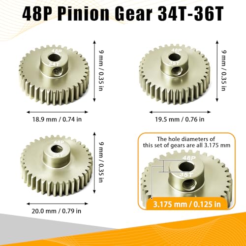 3PCS 48P Pinion Gear Set 7075 Aluminum Alloy 3.175mm Shaft 34T 35T 36T with Screws & Hex for 1/10 RC Arrma Traxxas HPI Sakura Losi Axial SCX10 Tamiya Monster Truck Buggy Motor Gears Upgrade - size: 34 35 36T