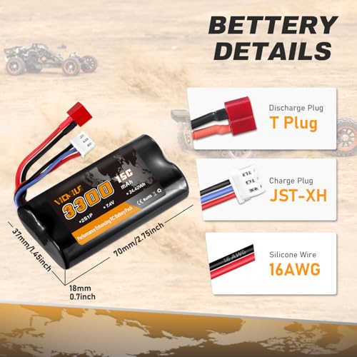 7.4V Li-ion Battery 3300mAh High Capacity RC Battery with Dean-Style T Plug 2S Rechargeable with 1 to 2 USB Charger Fit for WLtoys 4WD High Speed RC Cars Most 1/10, 1/12, 1/16 Truck