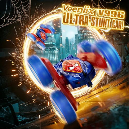 Veeniix Spider Remote Control Stunt Car 360 Flipping 4WD LED Light Blue | Dual batteries 60 mins play,color changing wheels,backyard racing,kids 8-12,rubber tires - color: Blue