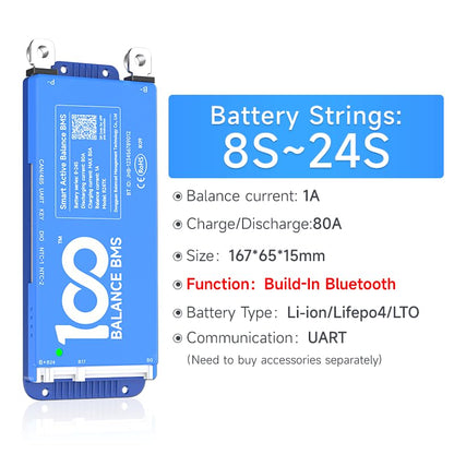 DALY Smart BMS 24V-72V 80A Built-in 1A Active Balancer | Bluetooth App Monitoring. 8S-24S LiFePO4 Li-ion LTO Support. Designed for E-Bikes, Golf Carts, RVs, Solar Systems - style: 80A 8-24S BT