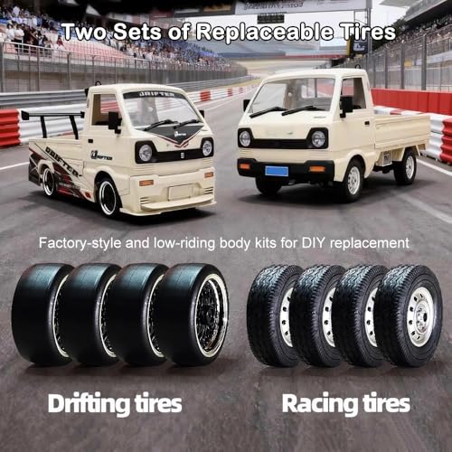 GoolRC WPL D-14S RC Kei Truck, 1:10 Scale Brushless RC Drift Car, 25KM/H High Speed Remote Control Car, 2.4GHz 4WD Proportional Throttle Steering Off Road Truck with LED Lights, 2 Batteries for Adults