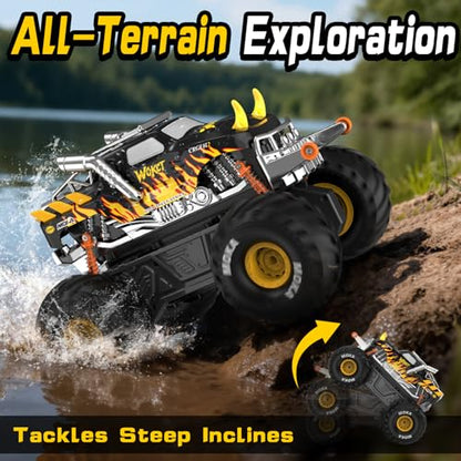 Amphibious 1:16 Waterproof Monster Truck Toys RC Car Water Blaster Trucks 60+ Min Runtime with 2 Batteries 360 Spin 4WD All Terrain Off-Road rc car water Toys 5-12 Year Old Kids Back-to-school season - color: Yellow