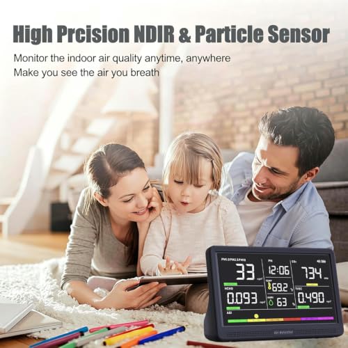 Professional Indoor Air Quality Monitor with 7X AQI Beep Alarms,16 in 1 Portable Real-Time Detector for PM2.5 | PM10 | CO2 | TVOC | HCHO | Temp | Hum for Home Cars Plants Pets (Smoke Black)