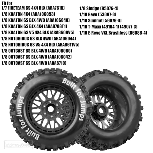 1/8 1/10 17mm Hex RC Truck Tires,Wheels and Tires for 1/10 E-Revo T-Maxx Summit,1/8 Kraton Outcast 6S,Sledge,Buggy Rubber Tyres and Rims w/Foam Insert for RC Off-Road Car,Black-Pink - color: Navy Blue&pink(4pcs)
