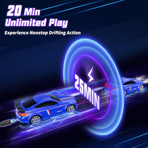 Mini RC Car 1:64 Scale, Remote Control Desktop Car for Kids & Adults | 2.4GHz RC Drift Car with LED Lights & 2 Speeds, Includes 4 Obstacles & Track Mat, Hobby Gift for Boys, Blue - color: Blue