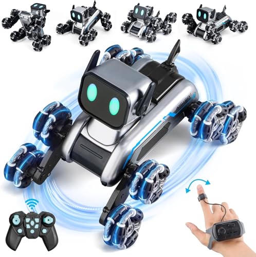8WD RC Stunt Robot Dog, Gesture Sensing 2.4Ghz Remote Control Toy | 8 Wheeled RC stunt robot dog with gesture sensing & remote control, LED eyes and music, rechargeable toy for Kids 6-12