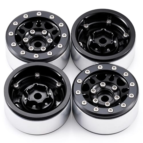 RCLIONS 1.55inch Aluminium Beadlock Wheels Rims for Axial UTB18 D90 TF2 CC01 AX90069 MST JIMNY 1/10 RC Crawler Trail Truck Car Upgrade Parts (Black) - color: Black