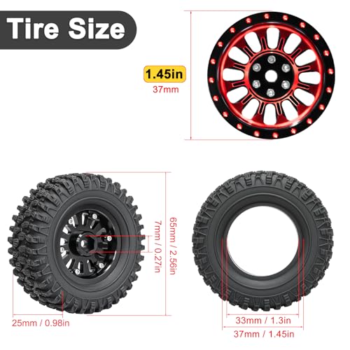 LRFHL 1.3" Beadlock Wheel Tires Aluminum for SCX24 TRX4M, 4PCS, Red | Upgraded 1.45-inch Wheel, 1/24 SCX24 1/18 TRX4M RC Crawler Car Upgrade - color: Black Tires+ Red Wheels-1