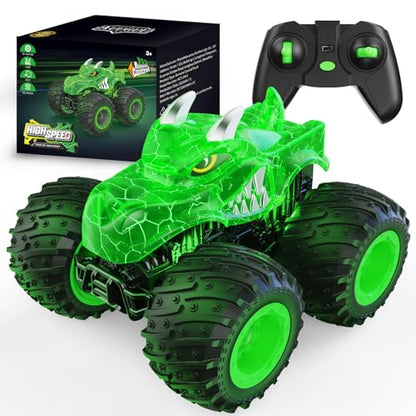 AUUGUU Remote Control Car, 2.4GHz Monster Trucks Toys with Light Spray, Birthday Gift for Kids 3 4 5 6 7 8, All Terrain RC Cars, Toddler Toys for Boys Girls 3+ Year Old (Dinosaur-Green) - style: Dinosaur-green