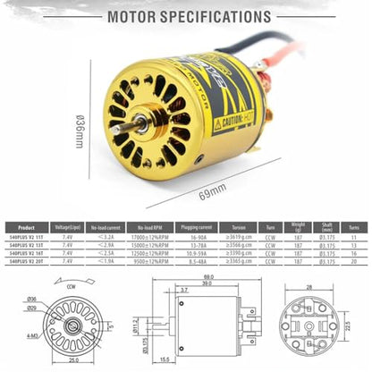 2S Rocket 540 Plus V2 20T 5 Slots Brushed Motor + 80A Brushed ESC Combo Set for TRAXXAS TRX4 SCX10 1/10 Crawler RC Climbing Car - size: 20T+80A