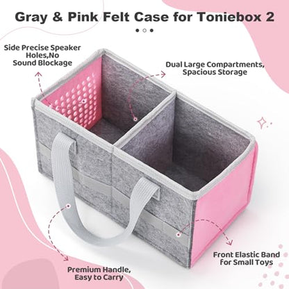 Carrying Case for Toniebox Starter Set and Tonies Figurines, Travel Felt Cloth Musical Toy Folding Bag for Toniebox 2 & Accessories (Pink) - color: Pink
