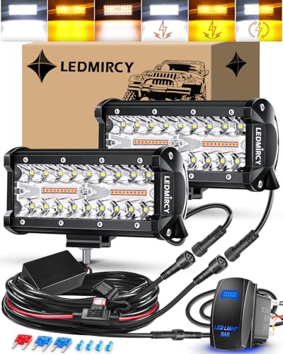 LED Light Bar,LEDMIRCY 7 Inch Lights Bar Kit with Rocker Switch 6 Modes | White/Amber Offroad Lights with Memory Function Strobe Flashing Light with Wiring Harness for Trucks Boat Tractor Etc