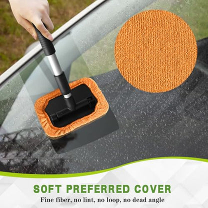 Windshield Cleaning Tool, Car Cleaning Window Tool, Car Window Cleaner with Unbreakable Extendable Handle and Microfiber Cloth, Scratch-Free Car Cleaning Brush for Auto Glass Wiper (Orange) - color: Orange