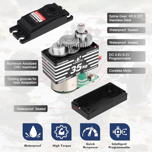 HobbyPark Waterproof 35KG Servo High Torque Metal Gear Digital Servo Motor for 1/8 1/10 1/12 RC Crawler Truck RC Car RC Basher Bashing Robot DIY Control Angle 180° HV (Coreless Motor)