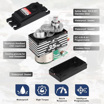 HobbyPark Waterproof 35KG Servo High Torque Metal Gear Digital Servo Motor for 1/8 1/10 1/12 RC Crawler Truck RC Car RC Basher Bashing Robot DIY Control Angle 180° HV (Coreless Motor)