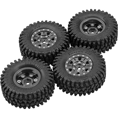 4Pack HIRCQOO 1.0" SCX24 Beadlock Wheels 7mm Hex Wheel Rims & Rubber Crawler Tires Set Compatible with Axial SCX24 1/24 Deadbolt AXI00002 AXI90081 AXI00002V2 RC Crawler Car (Black)