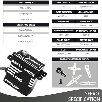 GOTECK 11KG Coreless Digital Micro Steering Servo, High Torque Metal Gear Aluminum Housing Servo with Mount & Horn, 180° Angle RC Upgrade Parts for 1/18 TRX4M TRX4MT RC Crawler