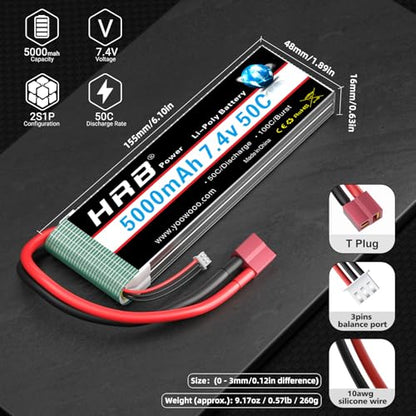 HRB 2S 5000mAh Lipo Battery 50C 7.4V Compatible with RC Plane