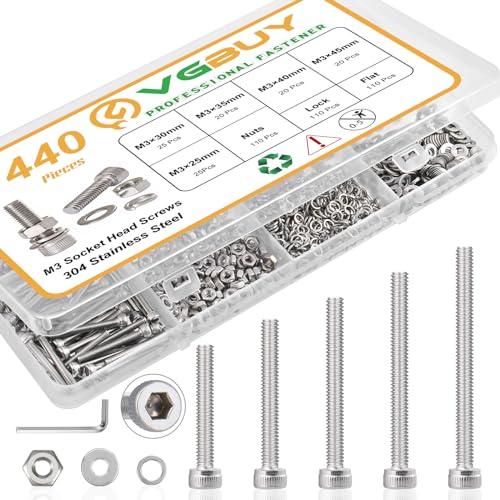 VGBUY 440pcs M3 Screw Assortment Kit, M3 Screws Bolts for 3D Printer DIY, Hex Socket Head Cap Screws Bolts Nuts Washer Kit, 304 Stainless Steel, 25/30/35/40/45mm - size: M3x25/30/35/40/45mm, style: Socket Head
