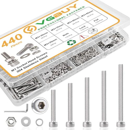 VGBUY 440pcs M3 Screw Assortment Kit, M3 Screws Bolts for 3D Printer DIY, Hex Socket Head Cap Screws Bolts Nuts Washer Kit, 304 Stainless Steel, 25/30/35/40/45mm - size: M3x25/30/35/40/45mm, style: Socket Head