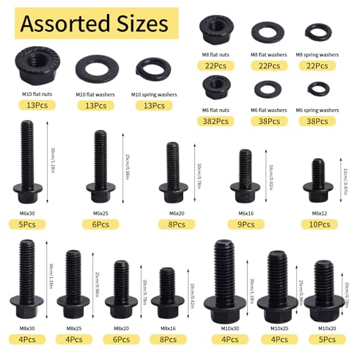 Flange Bolts Assortment Kit, M6 x 1.0, M8 x 1.25 M10 x 1.0 Flange Bolts Flange Nuts Assorted Bolts Metric Full Coarse Thread Nuts and Washers, Alloy Steel