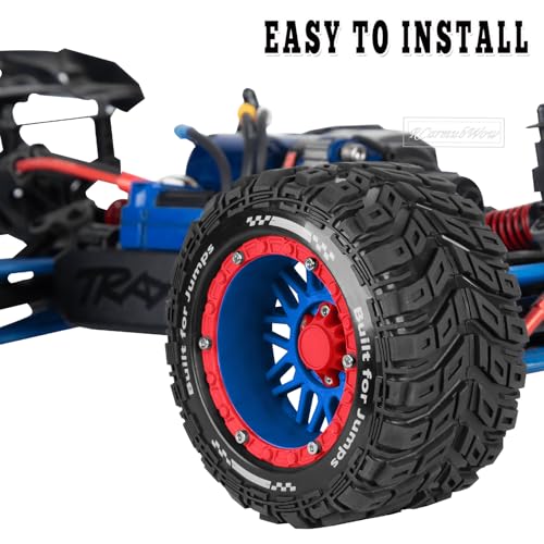 RC Wheels and Tires for 1/16 Scale,RCarmubWow Plastic Rim Rubber Tires for 1/16 Summit E-Revo Gorgon Grom,Mini Kraton 3S, M-J-X16207-16210, H-B-X16889 16890,S-C-Y16101-16106 RC Truck,Navy Blue&Red - color: Navy Blue W/Red(4pcs)