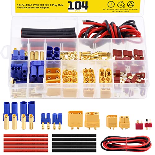 104 Pcs XT60 / XT90 /EC3 / EC5/T-Plug Deans/3.5mm Banana Plug Male Female Adapter Connectors with Heat Shrink Tube and Silicone Wire for RC Battery Charger ESC Motor Accessories