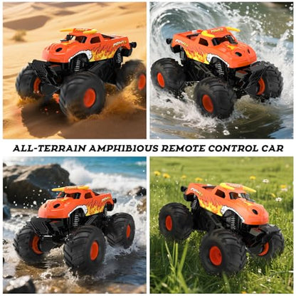 Amphibious Remote Control Car 4WD | RC Monster Truck with Dual Spray Mist & Led Lights,1:16 Scale Waterproof RC Cars for All Terrain Off-Road Pickup Toys Gifts for Boys/Girls Age 8-12+ - color: Orange