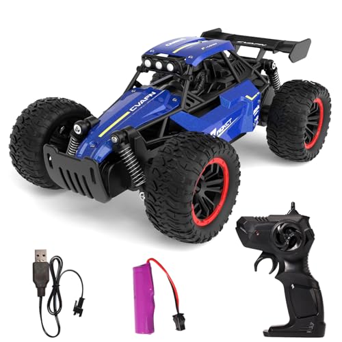 1/16 Scale Remote Control Monster Truck, 20 + km/h Outdoor 2WD Off Road Hobby RC Truck With LED light & rechargeable battery, All Terrain Fast RC Car Toy, Ideal Gift for Kids Boys & Girls Age 6-12 - color: Blue