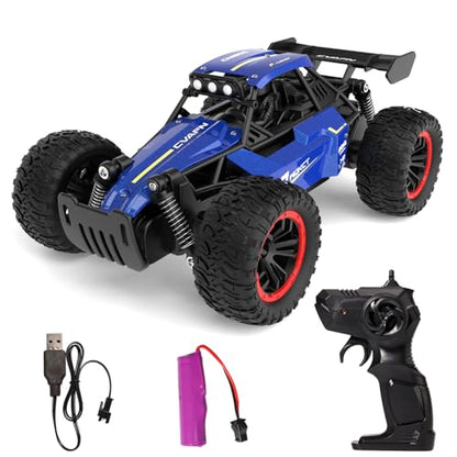 1/16 Scale Remote Control Monster Truck, 20 + km/h Outdoor 2WD Off Road Hobby RC Truck With LED light & rechargeable battery, All Terrain Fast RC Car Toy, Ideal Gift for Kids Boys & Girls Age 6-12 - color: Blue