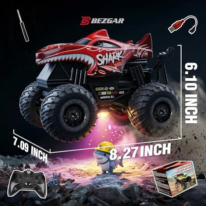 BEZGAR 1:20 Shark Monster Truck Toys, 360°Stunt RC Cars Rotation Monster Trucks with Music, 2 Batteries and Wireless LED Strobe Lights, Remote Control Car for Boys 4 5 6 7 8 9 Years Old(Red) - color: Red