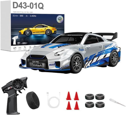 1:43 RC Drift Car 20KM/H with Gyro, 2.4G 4WD Full Proportional Alloy Sport Racing Car, Adjustable Speed, LED Lighting for Teens & Adults-D43-02 - color: Q5/Liquid Silver