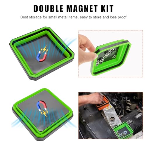 Yourkar Collapsible Magnetic Parts Tray, 4.5 Inch Foldable Magnetic Square Silicone Tray, Tool Tray Set with Double-Sided Magnetic Base for Screw Bolts Nuts Pins, Car Accessories (Green) - color: Green, 1 PCS
