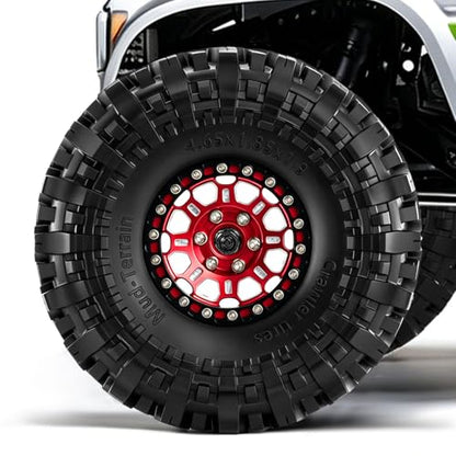 1.9" Beadlock Aluminum Wheels and 118mm Tires for SCX10 TRX4 | 12mm HEX, 0mm Offset, 47*118mm Mud Soft Rubber Tires, with Foam Inserts, 1/10 Scale RC Crawlers Upgrade parts - color: Red-3