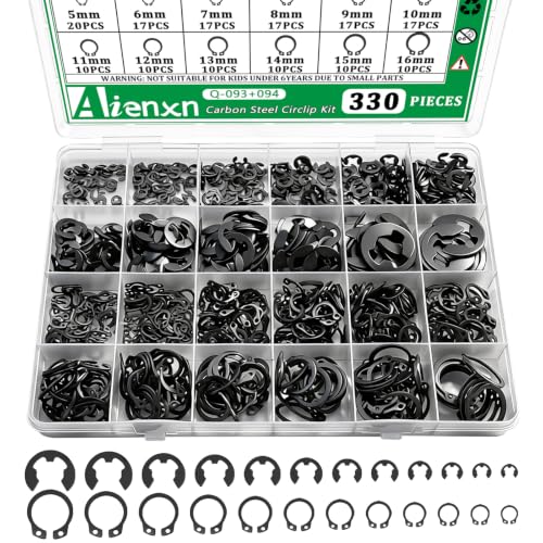 330PCS Snap Rings Assortment Kit, E Clips Assortment Kit (2MM-12MM) and C Clips Assortment Kit (5MM-16MM), 24 Sizes External Retaining Rings Carbon Steel Circlip Snap Ring Kit - color: Black Carbon Steel, size: 330PCS E-clips+c-clips