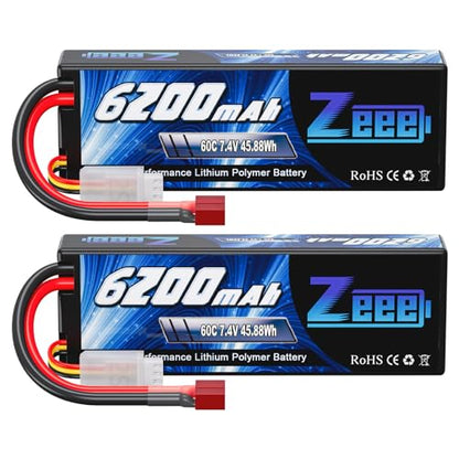 Zeee 2S Lipo Battery 6200mAh 7.4V 60C with T Connector (2 Pack) | Hard Case Battery for RC Vehicles Car Truck Truggy Boat Racing Hobby