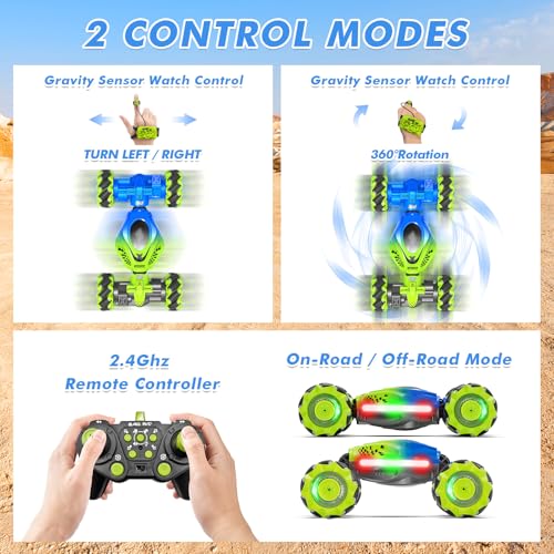 Fosgoit Gesture Sensing RC Stunt Car, Remote Control Car for Boys and Girls | Cool Birthday Gifts, Toys for Boys and Girls Age 6 7 8 9 10 11 12 Years Old, 4WD Remote Control Car, with Lights Music - color: Green-blue