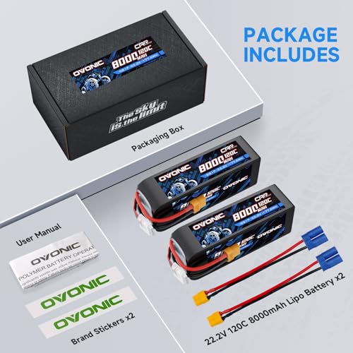 OVONIC 6S Lipo Battery 22.2V 8000mAh 120C with XT60 to EC5 Connector for RC Car Truck Vehicles Boat Drone Airplane Quadcopter Helicopter FPV Racing Hobby Models Pro Truck Boat Jet Basher 2 Batteries