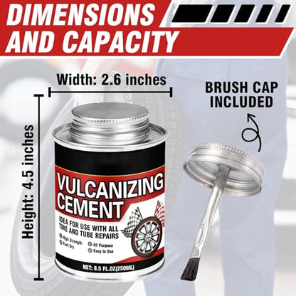 Chemical Vulcanizing Cement 8.5 FL.Oz, All Purpose Tire Repair Glue, Fast Dry Rubber Cement, Clear Patch Plug Kit with Brush Top Can for Car, Motorcycle, Bike