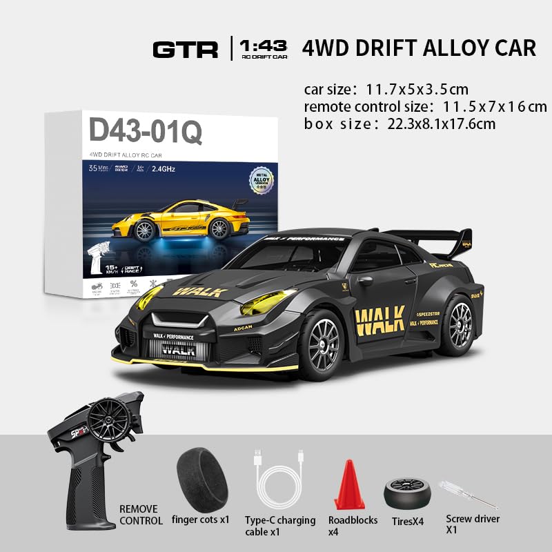 1/43 Scale RC Drift Car, 2.4G Full Proportional 4WD Remote Control Car with Gyro, Adjustable Speed & LED Lights, Alloy RC Vehicle for Adult