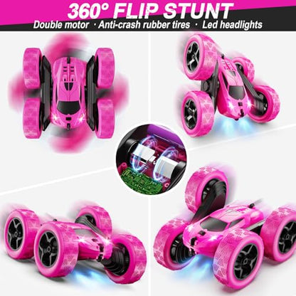 QUNREDA RC Cars, Rose Remote Control Car for Girls, 2.4 GHZ Double Sided RC Stunt Car 360° Rotating Remote Control Crawler with Headlights Car Toys for 6 7 8 9 10 11 12 Girls Birthday Gift - color: Rose