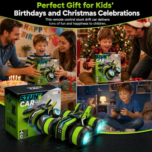 High Speed RC Stunt Car 25KM/H, 2.4GHz 4WD Remote Control Drift Car | Upright & Side Driving, One-Click Auto Stunts, Tire Flipping, 360° Rotation, Birthday Toy Gift for Kids Boys Ages 4-12 - color: Green