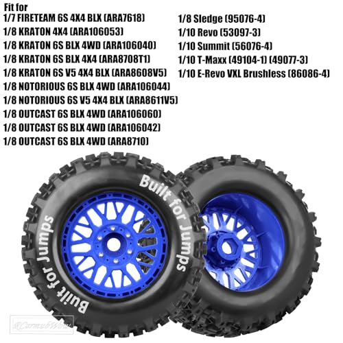 1/8 1/10 17mm Hex RC Truck Tires,Wheels and Tires for 1/10 E-Revo T-Maxx Summit,1/8 Kraton Outcast 6S,Sledge,Buggy Rubber Tyres and Rims w/Foam Insert for RC Off-Road Car,Navy Blue-Red - color: Navy Blue&red(4pcs)