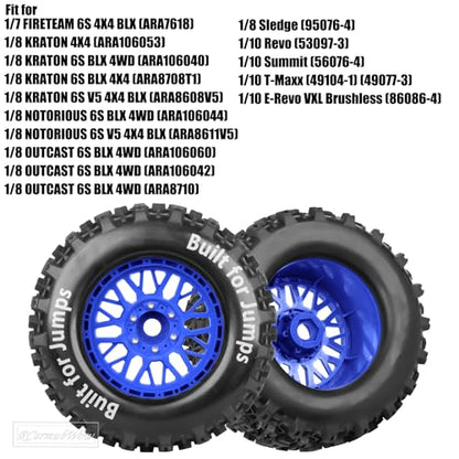 1/8 1/10 17mm Hex RC Truck Tires,Wheels and Tires for 1/10 E-Revo T-Maxx Summit,1/8 Kraton Outcast 6S,Sledge,Buggy Rubber Tyres and Rims w/Foam Insert for RC Off-Road Car,Navy Blue-Red - color: Navy Blue&red(4pcs)