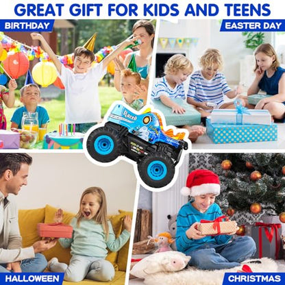 DYODYORC Remote Control Car, 2.4Ghz All Terrain Monster Truck, RC Truck with Music, 3 Lighting Effects, 360 Stunt Capable, 2 Batteries Ready to Run, Toy Gifts for Boys and Girls (Blue) - color: Blue Pony
