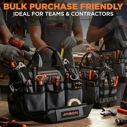 Arbon Electrician Tool Bag, Heavy Duty Tool Organizer, 34 Pockets, 52+ lb | Large storage for men, 5-layer reinforced walls, metal frame, hard molded base, water resistant polyester PP plastic, gray