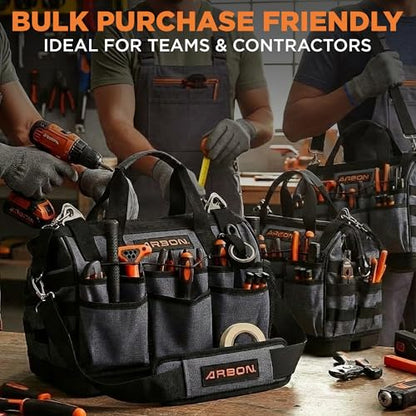 Arbon Electrician Tool Bag, Heavy Duty Tool Organizer, 34 Pockets, 52+ lb | Large storage for men, 5-layer reinforced walls, metal frame, hard molded base, water resistant polyester PP plastic, gray
