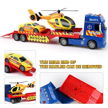 Dwi Dowellin Tow Truck Toy for Kids,25.6" Semi Truck Toy with Racing Car and Helicopter, Semi-Trailer with Lights & Sounds,Birthday Gift for 2 3 4 5 Years Old Boys and Girls - style: Tow Truck