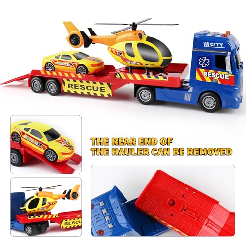 Dwi Dowellin Tow Truck Toy for Kids,25.6" Semi Truck Toy with Racing Car and Helicopter, Semi-Trailer with Lights & Sounds,Birthday Gift for 2 3 4 5 Years Old Boys and Girls - style: Tow Truck