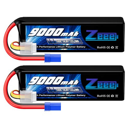 Zeee 4S Lipo Battery 9000mAh 14.8V 100C Soft Case RC Battery EC5 Connector with Metal Plates for RC Car Truck Tank Racing Models (2 Pack)